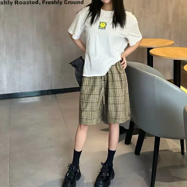 捷帕 时尚轻薄透气速干条纹格子设计宽松中腰日常通勤户外运动百搭五分裤休闲短裤 男女同款