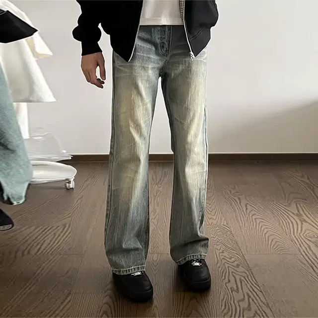捷帕 美式复古水洗做旧猫须纹长裤高街潮牌宽松中腰微喇垂感痞帅街头休闲通勤百搭牛仔裤 男女同款