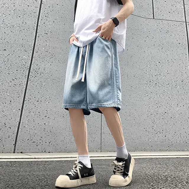 捷帕 时尚港风冰丝凉感薄款五分裤弯刀侧条纹拼接美式水洗复古做旧纯色简约百搭户外运动休闲通勤宽松中腰牛仔短裤 男女同款