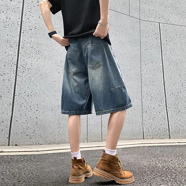 捷帕 时尚港风冰丝凉感薄款五分裤美式水洗复古做旧纯色简约百搭褶皱拼接弯刀户外运动休闲通勤宽松中腰牛仔短裤 男女同款