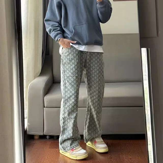 捷帕 美式高街设计感个性提花满印微喇长裤水洗复古做旧时尚潮流宽松阔腿垂感纯色百搭休闲通勤牛仔裤 男女同款