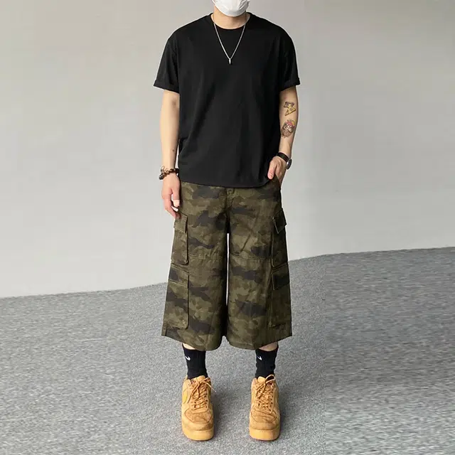 捷帕 美式潮牌户外山系多口袋伐木工装裤水洗复古做旧废土风潮流高街中腰宽松直筒拼接垂感休闲通勤百搭七分裤牛仔短裤 男女同款