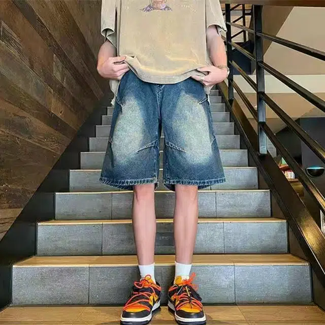 捷帕 美式高街复古水洗做旧荷叶边时尚潮流宽松中腰直筒垂感日常通勤休闲百搭五分牛仔短裤 男女同款
