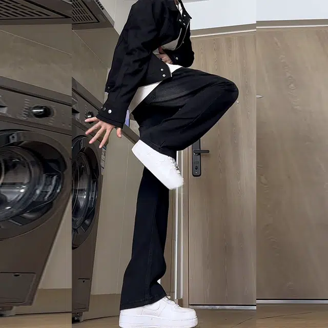捷帕 美式高街纯色简约百搭直筒长裤子水洗复古做旧弯刀宽松中腰基础款休闲通勤牛仔裤 男女同款