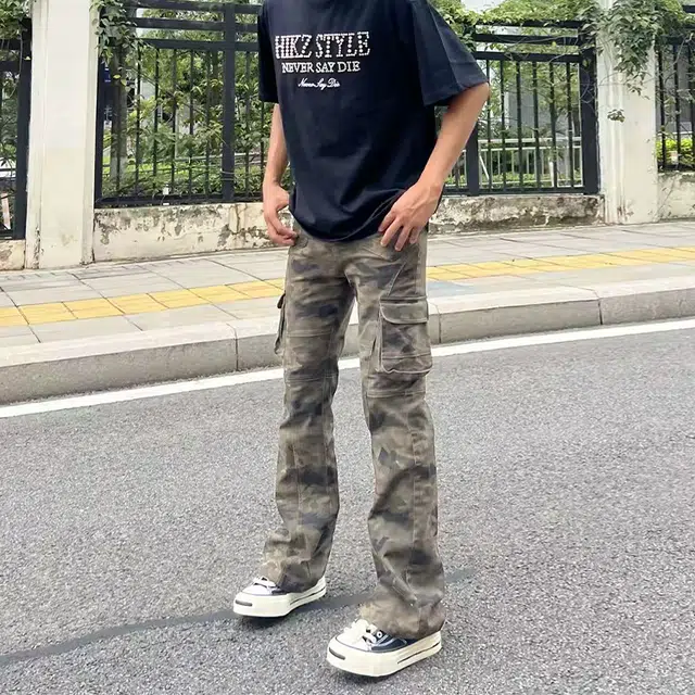 捷帕 美式复古工装多口袋迷彩水洗做旧高街潮牌牛仔裤 男女同款
