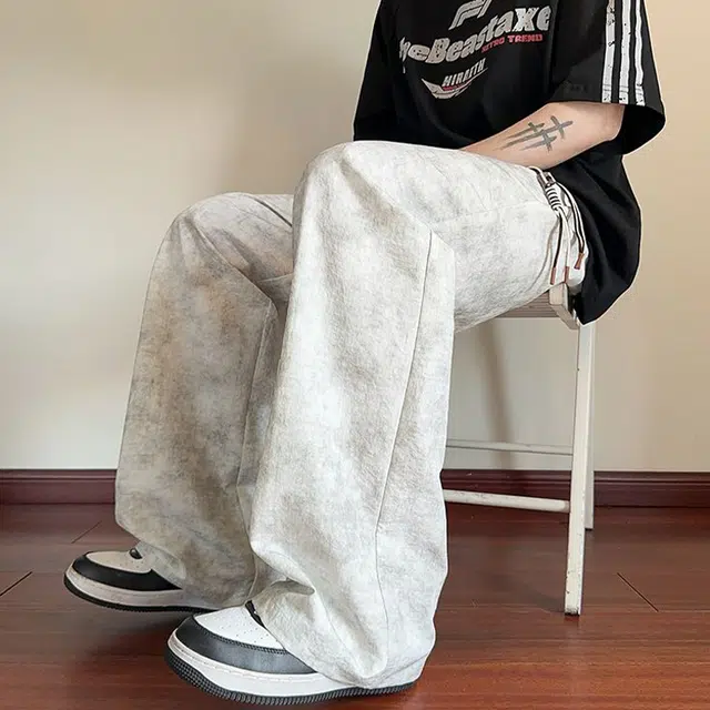 捷帕 时尚港风冰丝凉感薄款扎染抽绳长裤美式高街潮牌水洗复古宽松直筒垂感日常通勤百搭牛仔裤 男女同款