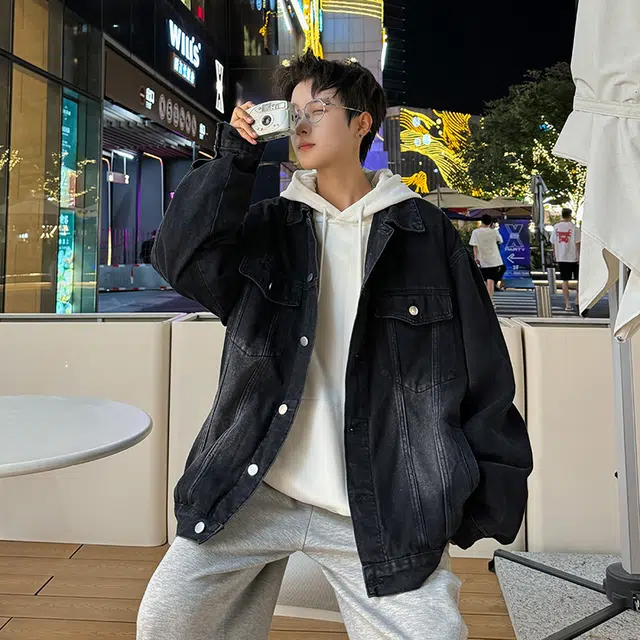 捷帕 美式潮牌复古做旧宽松上衣纯色简约百搭基础款时尚潮流韩系港风痞帅通勤休闲长袖牛仔外套 男女同款