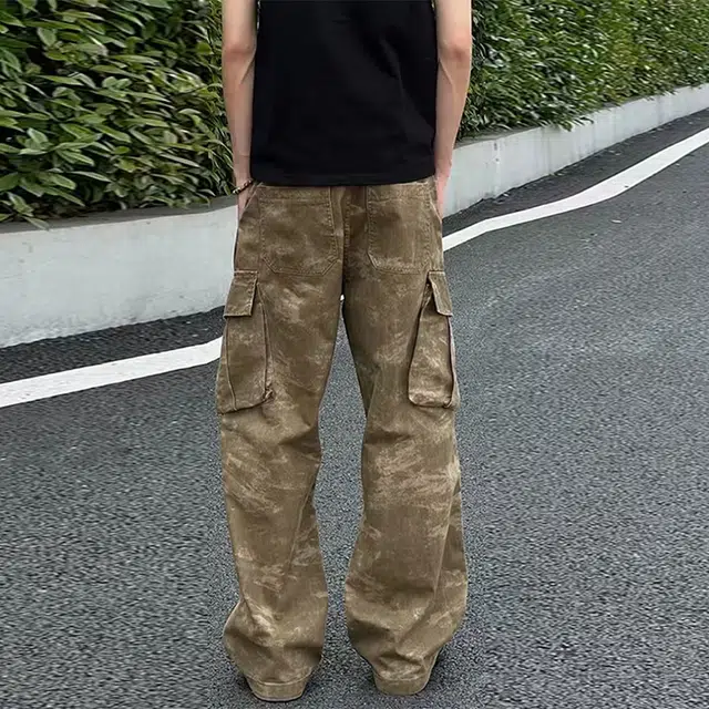 捷帕 美式复古高街潮流大口袋工装迷彩长裤水洗做旧褶皱舒适宽松中腰直筒垂感拖地通勤休闲百搭牛仔裤 男女同款