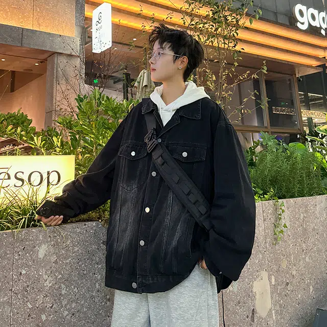 捷帕 美式潮牌复古做旧宽松上衣纯色简约百搭基础款时尚潮流韩系港风痞帅通勤休闲长袖牛仔外套 男女同款
