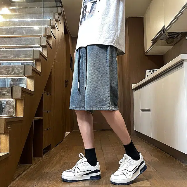 捷帕 美式复古水洗渐变星空纹五分裤抽绳松紧腰高街潮牌宽松中腰直筒垂感户外运动休闲通勤百搭牛仔短裤 男女同款