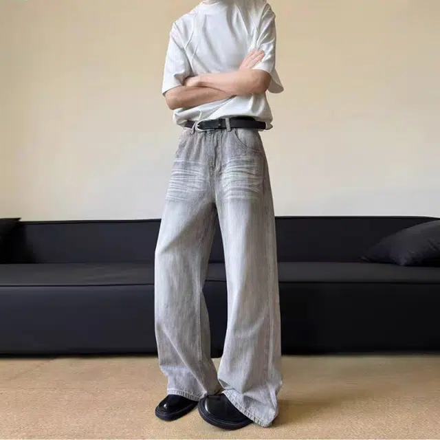 捷帕 美式复古高级感猫须纹长裤水洗做旧高街潮牌宽松中腰直筒垂感纯色简约百搭休闲通勤牛仔裤 男女同款