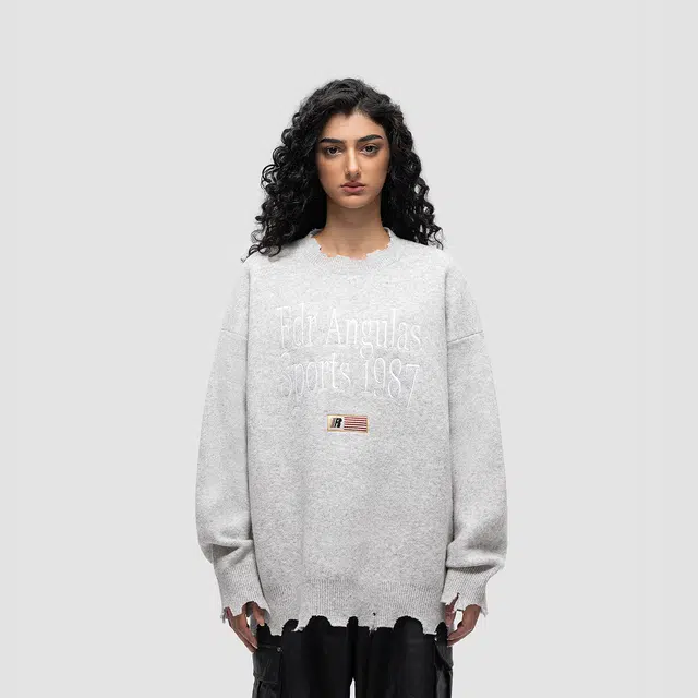 FDR Letter Print Distressed Sweater