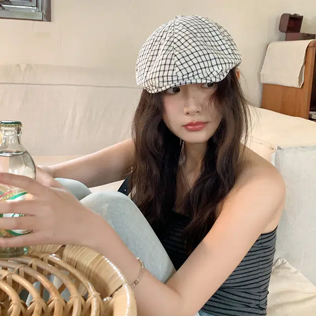 艾佳微 日系英伦风复古格纹显脸 棉 贝雷帽 男女同款情侣款