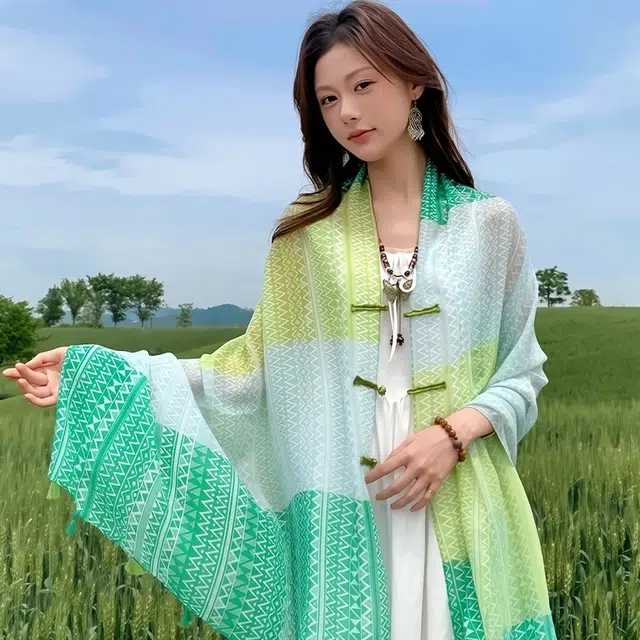 艾佳微 旅游民族风 手工复古盘扣 出片百搭沙滩巾 披肩 男女同款情侣款