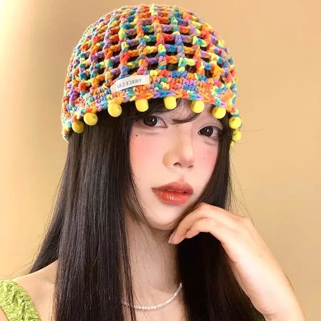 艾佳微 彩色多巴胺串珠吊坠镂空包头帽春夏季薄款民族风显脸小流苏帽子 聚酯纤维 针织帽 男女同款情侣款