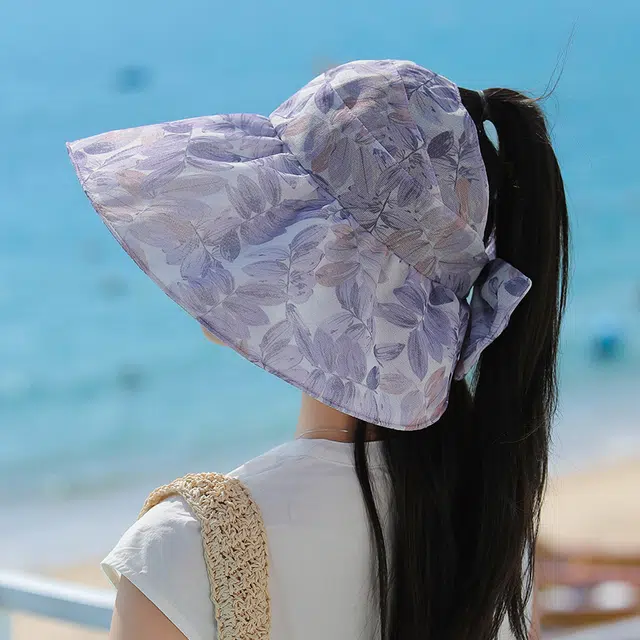 艾佳微 春夏季优雅花布大沿空顶帽休闲防紫外线时尚小碎花 聚酯纤维 防晒帽 女款
