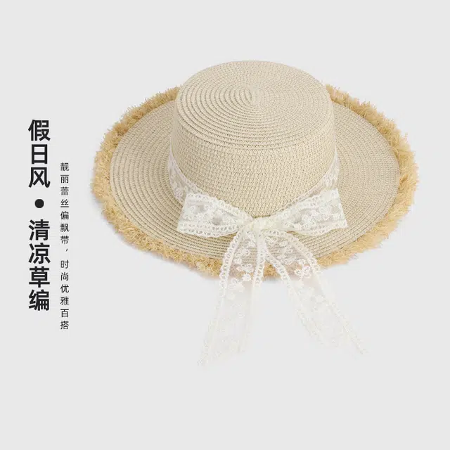 艾佳微 优雅休闲百搭蝴蝶结蕾丝毛边海边沙出游遮阳 纸草 渔夫帽 男女同款情侣款