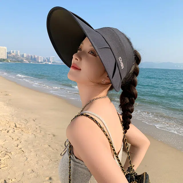 艾佳微 夏季时尚百褶大檐防紫外线遮阳可叠卷空顶半空顶 聚酯纤维 防晒帽 男女同款情侣款