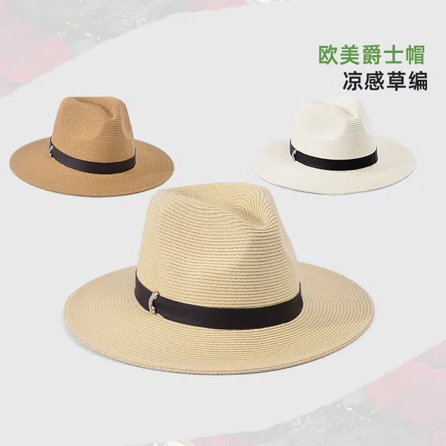 艾佳微 夏季沙滩度假草帽游玩巴拿马遮阳帽子大檐爵士复古 纸草 防晒帽 男女同款情侣款