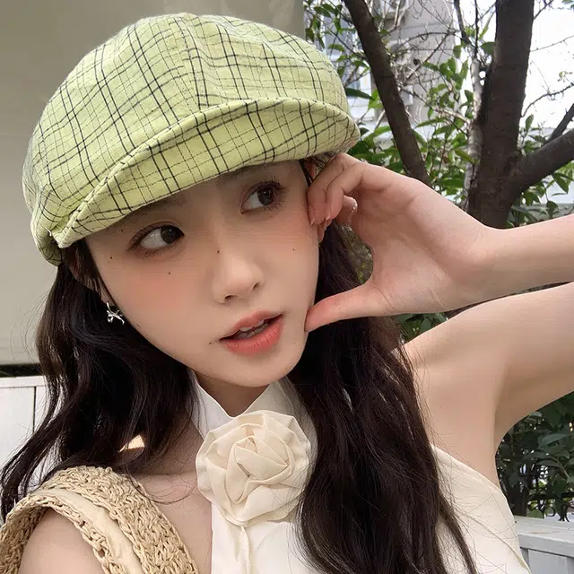 艾佳微 梦幻夏意格纹森系文艺百搭报童帽显脸小八角帽画家帽 棉 贝雷帽 女款