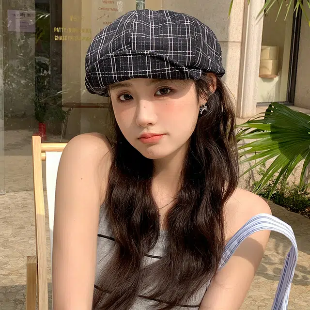 艾佳微 梦幻夏意格纹森系文艺百搭报童帽显脸小八角帽画家帽 棉 贝雷帽 女款