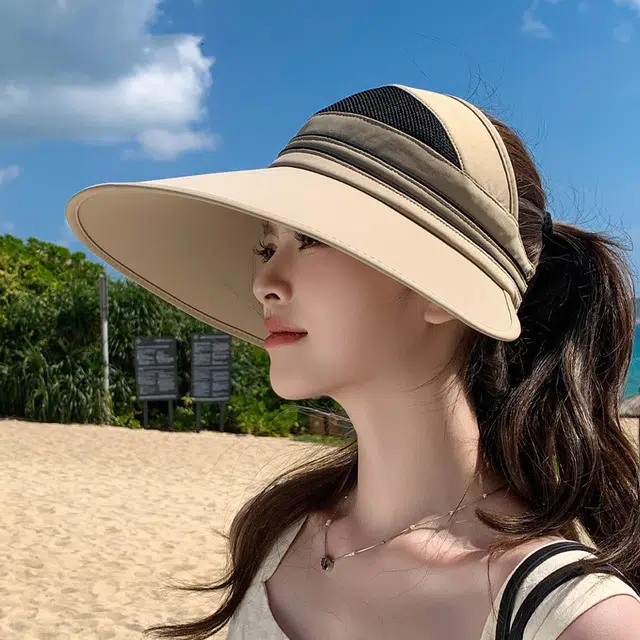 艾佳微 夏季空顶帽大帽檐遮阳帽防紫外线骑车户外时尚遮脸太阳帽 聚酯纤维 防晒帽 女款
