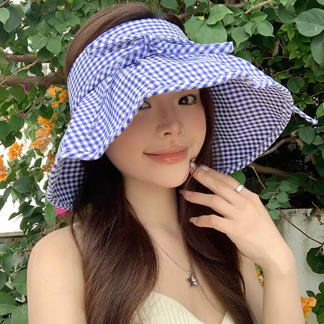 艾佳微 蝴蝶结格子空顶帽夏季大檐海边度假太阳帽防紫外线防晒 棉 渔夫帽 男女同款情侣款