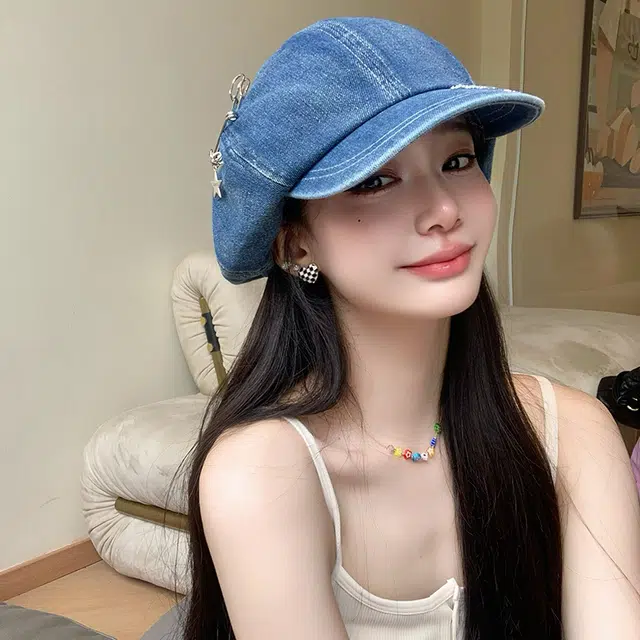 艾佳微 星星别针大版云朵八角画家复古气质显脸小 牛仔布 贝雷帽 男女同款情侣款