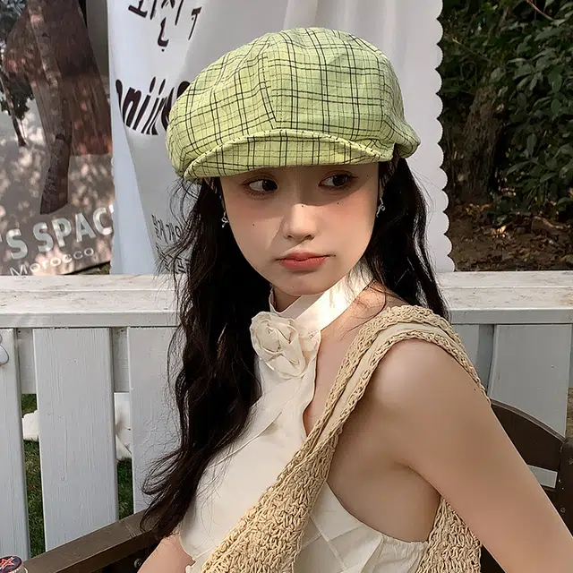 艾佳微 梦幻夏意格纹森系文艺百搭报童帽显脸小八角帽画家帽 棉 贝雷帽 女款