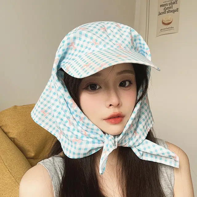 艾佳微 多巴胺配色蝴蝶结格纹绑带遮阳防晒甜 棉 鸭舌帽 男女同款情侣款