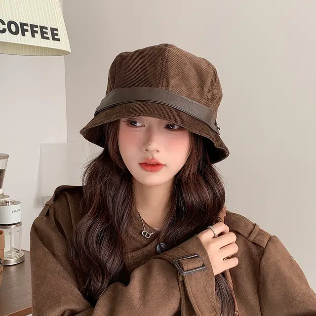 艾佳微 温暖气质素颜遮脸帽秋冬赫本风保暖盆帽潮水桶帽 灯芯绒 渔夫帽 男女同款情侣款