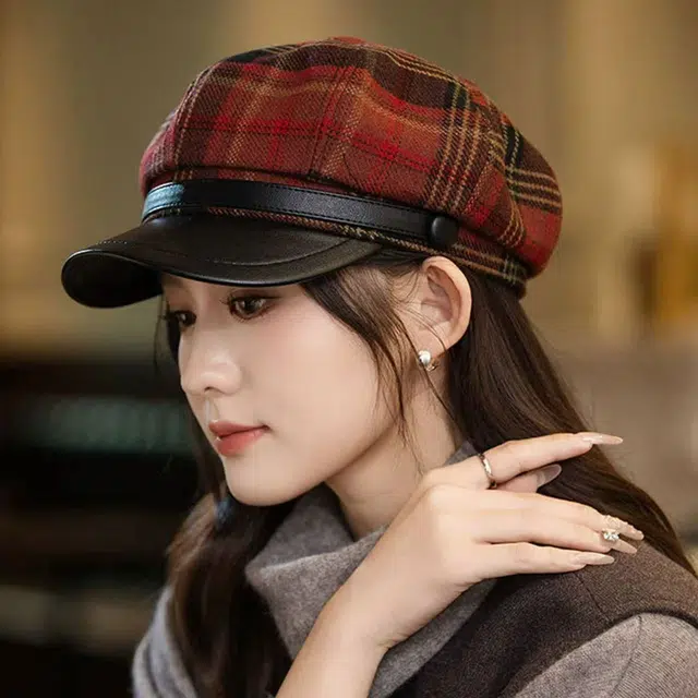 艾佳微 小香风高级感格子纹英伦风八角帽气质百搭 呢料 贝雷帽 男女同款情侣款