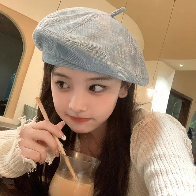 艾佳微 日系文艺复古肌理感格纹八角帽子街拍百搭显脸小画家帽 牛仔布 贝雷帽 男女同款情侣款