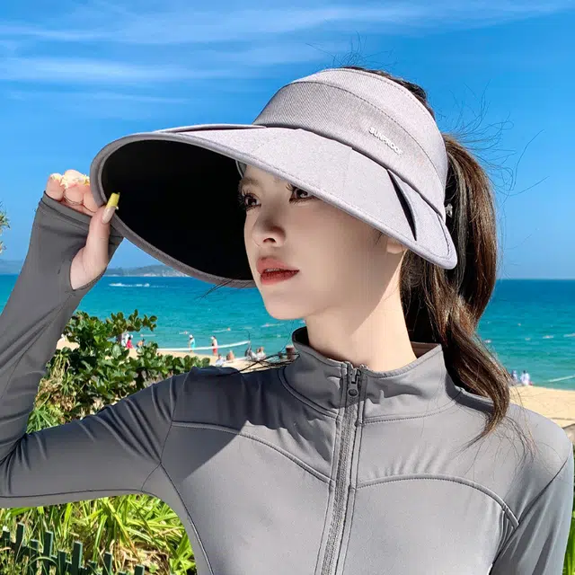 艾佳微 夏季日常通勤游玩时尚百褶大檐便携收纳防紫外线遮阳可叠卷空顶 聚酯纤维 防晒帽 男女同款情侣款