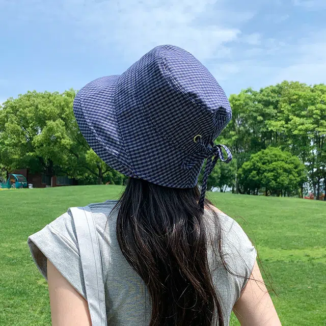 艾佳微 日系格子夏季出游百搭登山露营拍照韩版卷边显脸小水桶帽 涤纶 渔夫帽 男女同款情侣款