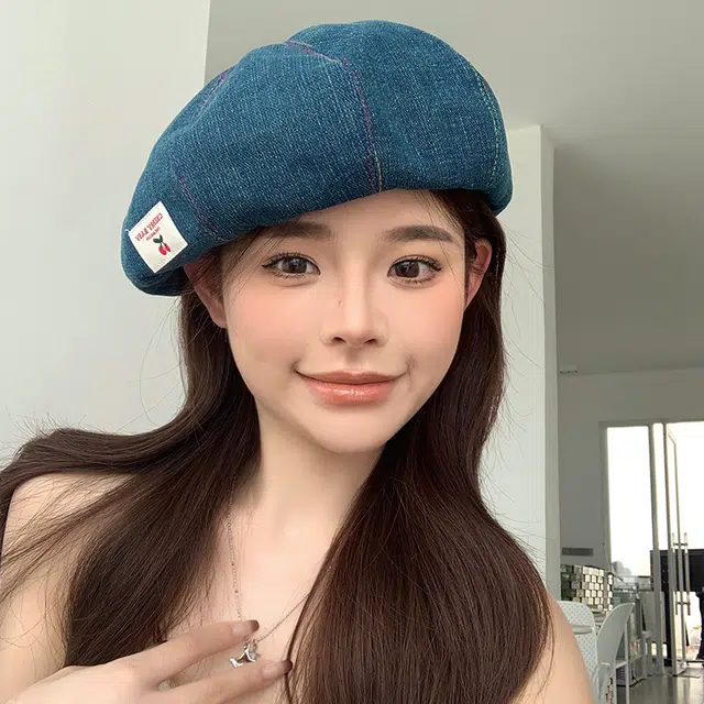 艾佳微 日系甜美时尚户外拍照游玩樱桃布标南瓜潮百搭 牛仔布 贝雷帽 女款