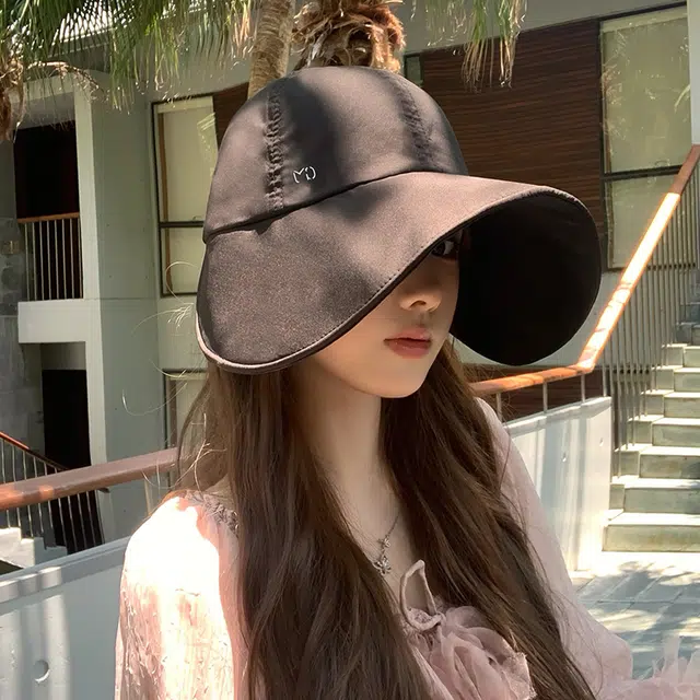 艾佳微 升级版黑胶大檐防晒帽子夏季户外百搭显脸小防紫外线遮阳 聚酯纤维 渔夫帽 男女同款情侣款