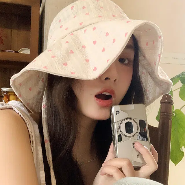 艾佳微 日系甜美文艺爱心系带大帽檐遮阳防晒盆帽显脸小 棉 渔夫帽 女款