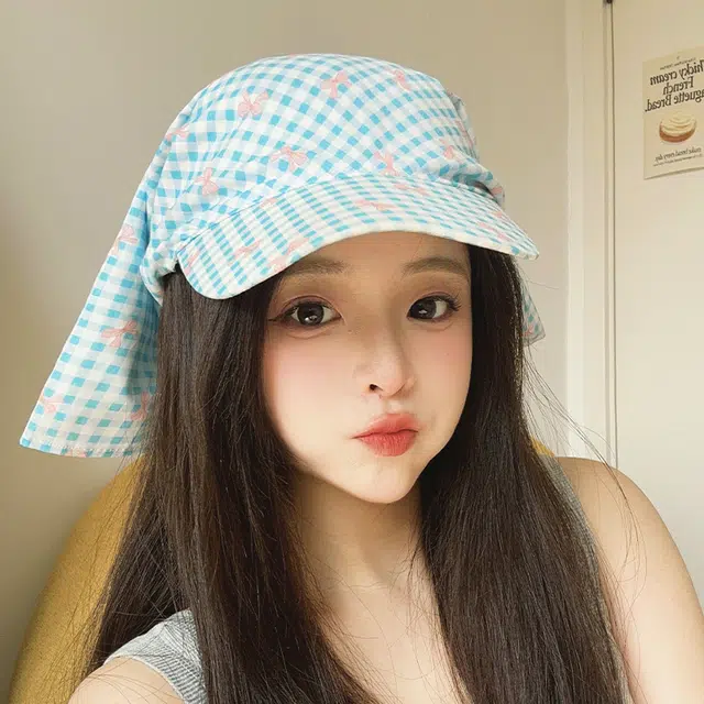 艾佳微 多巴胺配色蝴蝶结格纹绑带遮阳防晒甜 棉 鸭舌帽 男女同款情侣款