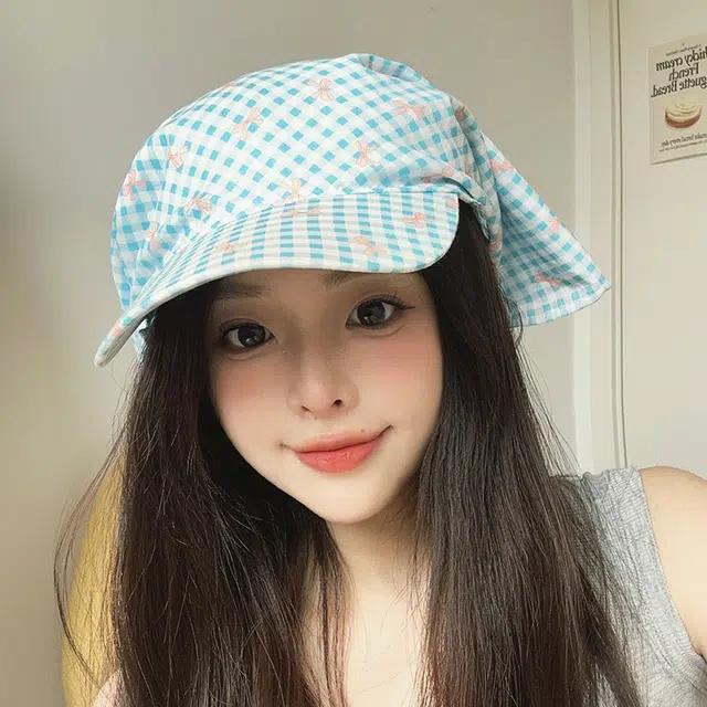 艾佳微 多巴胺配色蝴蝶结格纹绑带遮阳防晒甜 棉 鸭舌帽 男女同款情侣款