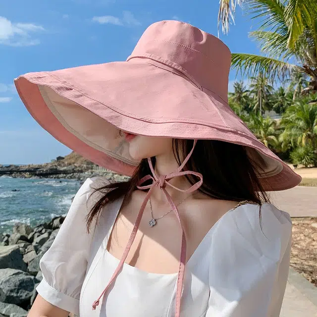 艾佳微 夏季海边度假素颜防晒遮脸防紫外线大头围透气薄款 聚酯纤维 渔夫帽 女款