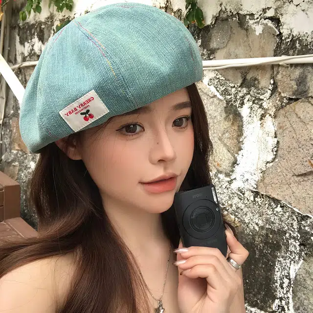 艾佳微 日系甜美时尚户外拍照游玩樱桃布标南瓜潮百搭 牛仔布 贝雷帽 女款