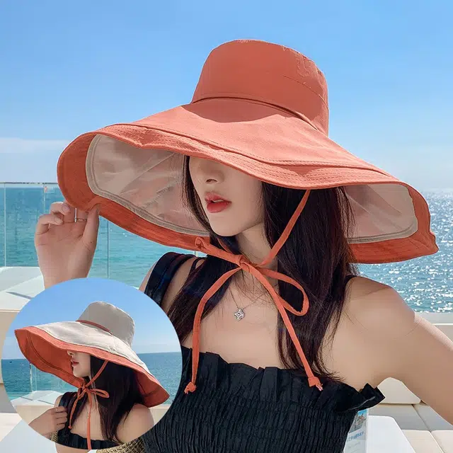 艾佳微 夏季海边度假素颜防晒遮脸防紫外线大头围透气薄款 聚酯纤维 渔夫帽 女款