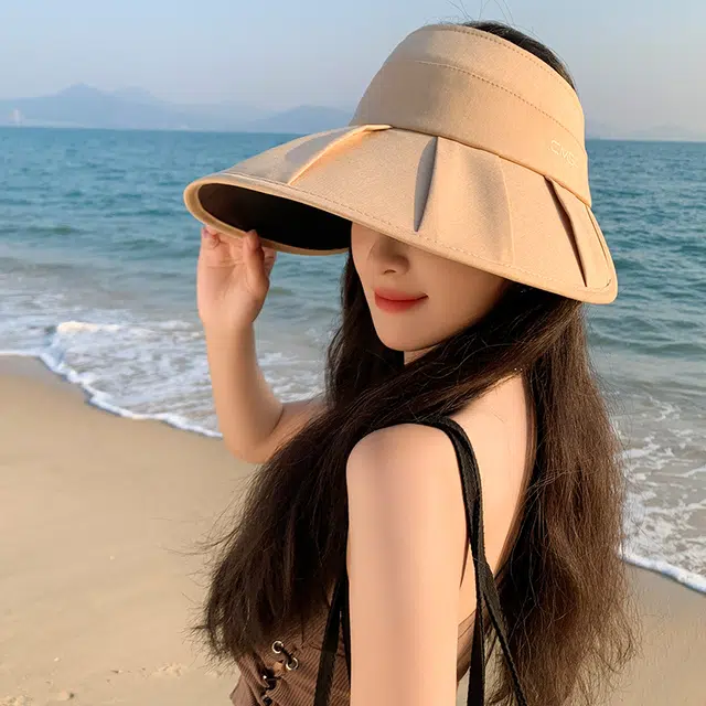 艾佳微 夏季时尚百褶大檐防紫外线遮阳可叠卷空顶半空顶 聚酯纤维 防晒帽 男女同款情侣款