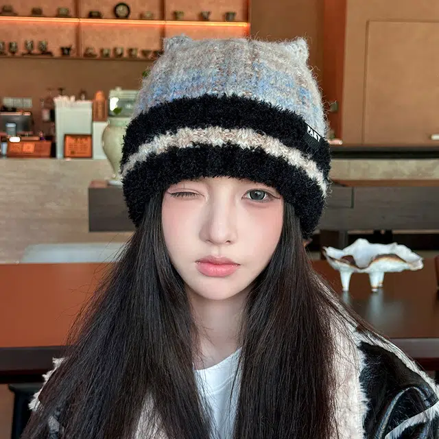 艾佳微 条纹可爱百搭显脸小通勤百搭保暖护耳套大头围 涤纶 绒线帽 男女同款情侣款