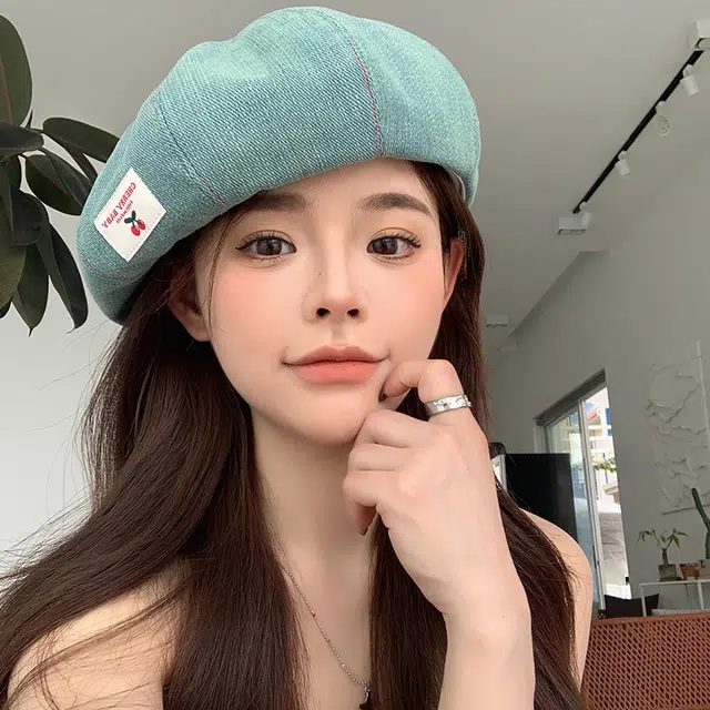 艾佳微 日系甜美时尚户外拍照游玩樱桃布标南瓜潮百搭 牛仔布 贝雷帽 女款