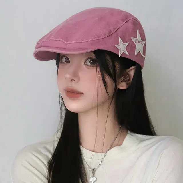 艾佳微 美式复古星星前进帽英伦休闲简约百搭显脸小画家报童帽子 棉 贝雷帽 男女同款情侣款