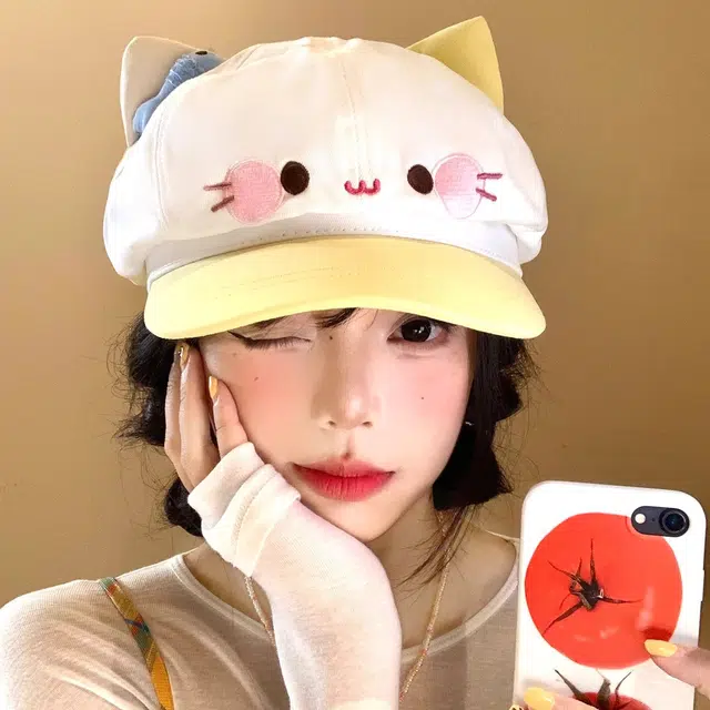 艾佳微 【猫咪小鱼】可爱卡通猫咪出游甜美百搭显脸小 棉 贝雷帽 男女同款情侣款