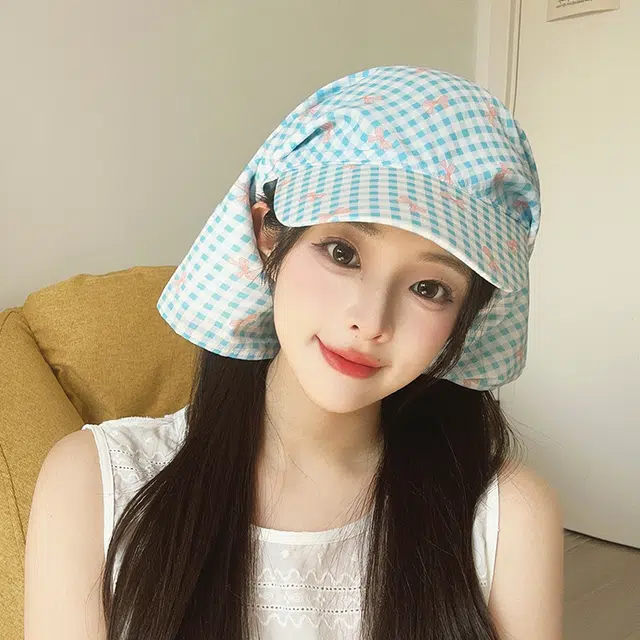 艾佳微 多巴胺配色蝴蝶结格纹绑带遮阳防晒甜 棉 鸭舌帽 男女同款情侣款