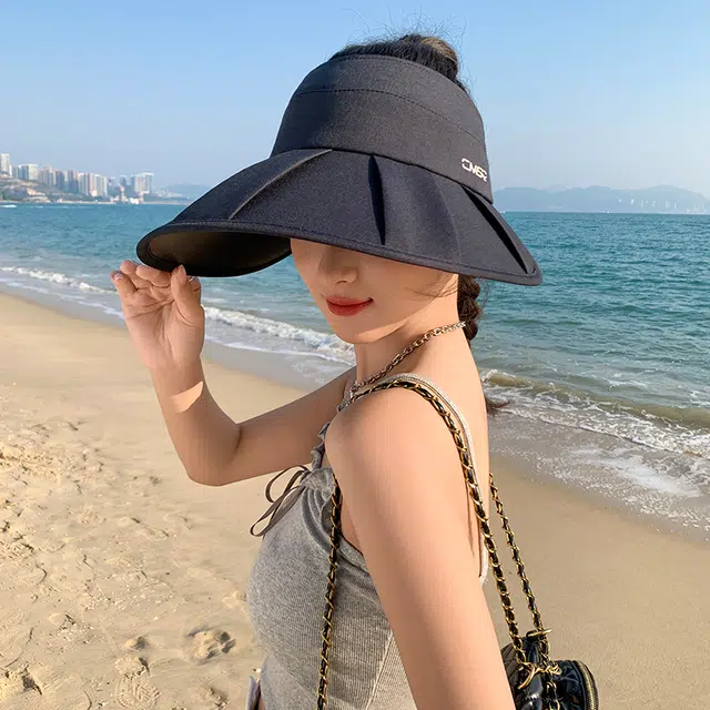 艾佳微 夏季时尚百褶大檐防紫外线遮阳可叠卷空顶半空顶 聚酯纤维 防晒帽 男女同款情侣款